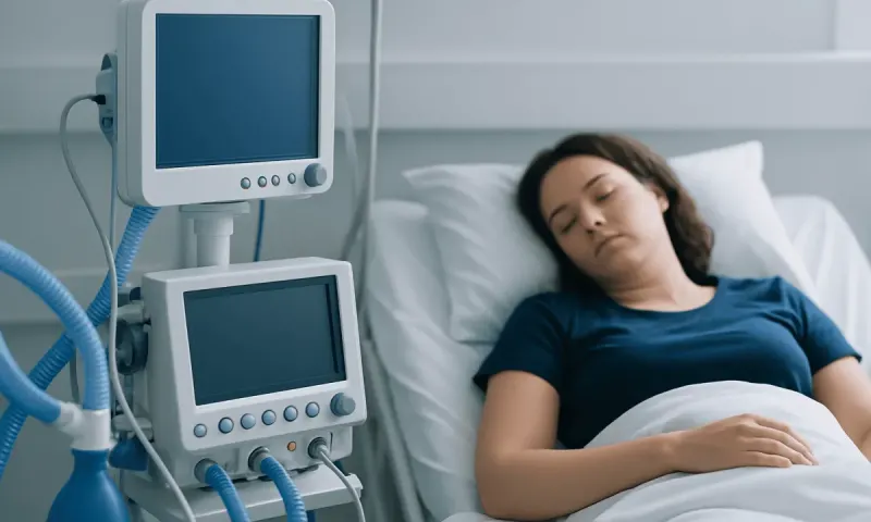 Young woman resting in hospital bed with medical monitors nearby.