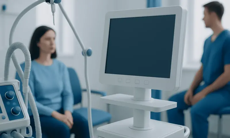 Medical consultation room with patient and doctor, monitor in foreground.