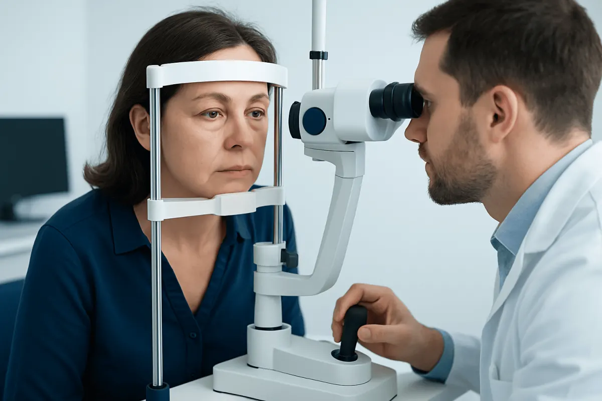 Ophthalmologist examining a woman's eyes with a slit lamp in a clinic setting.