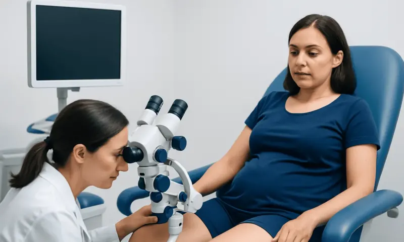 Gynecologist examining patient with microscope in clinic.