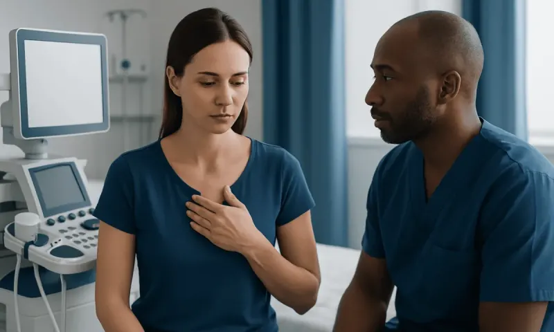 Patient consulting doctor about chest pain in hospital room.