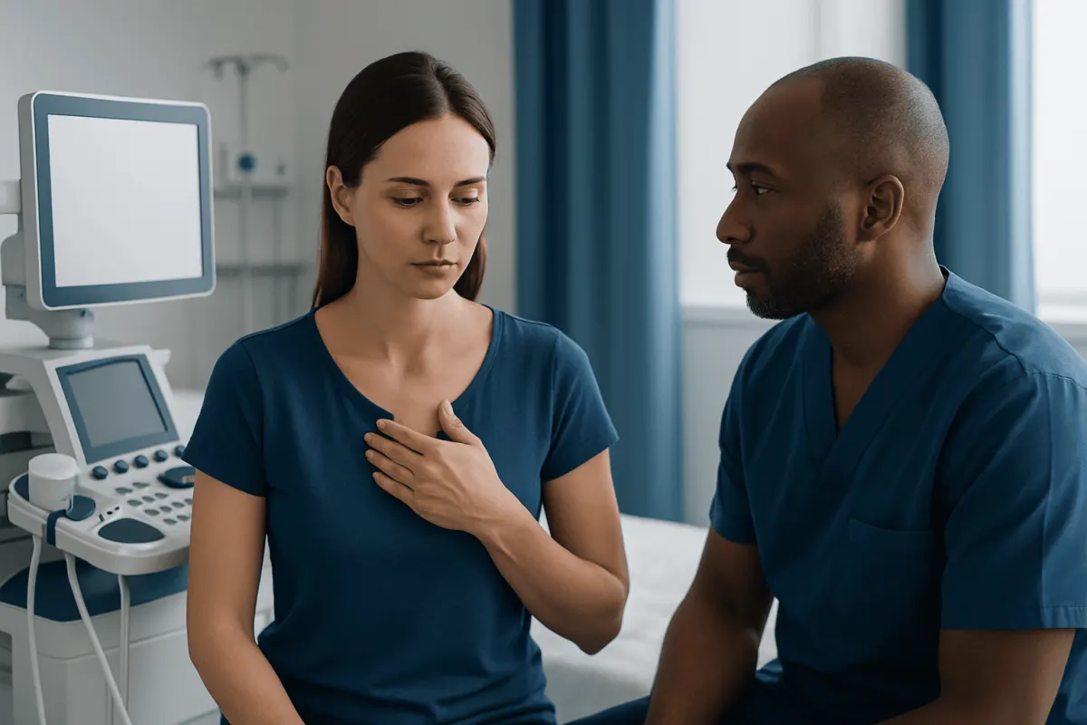 Patient consulting doctor about chest pain in hospital room.