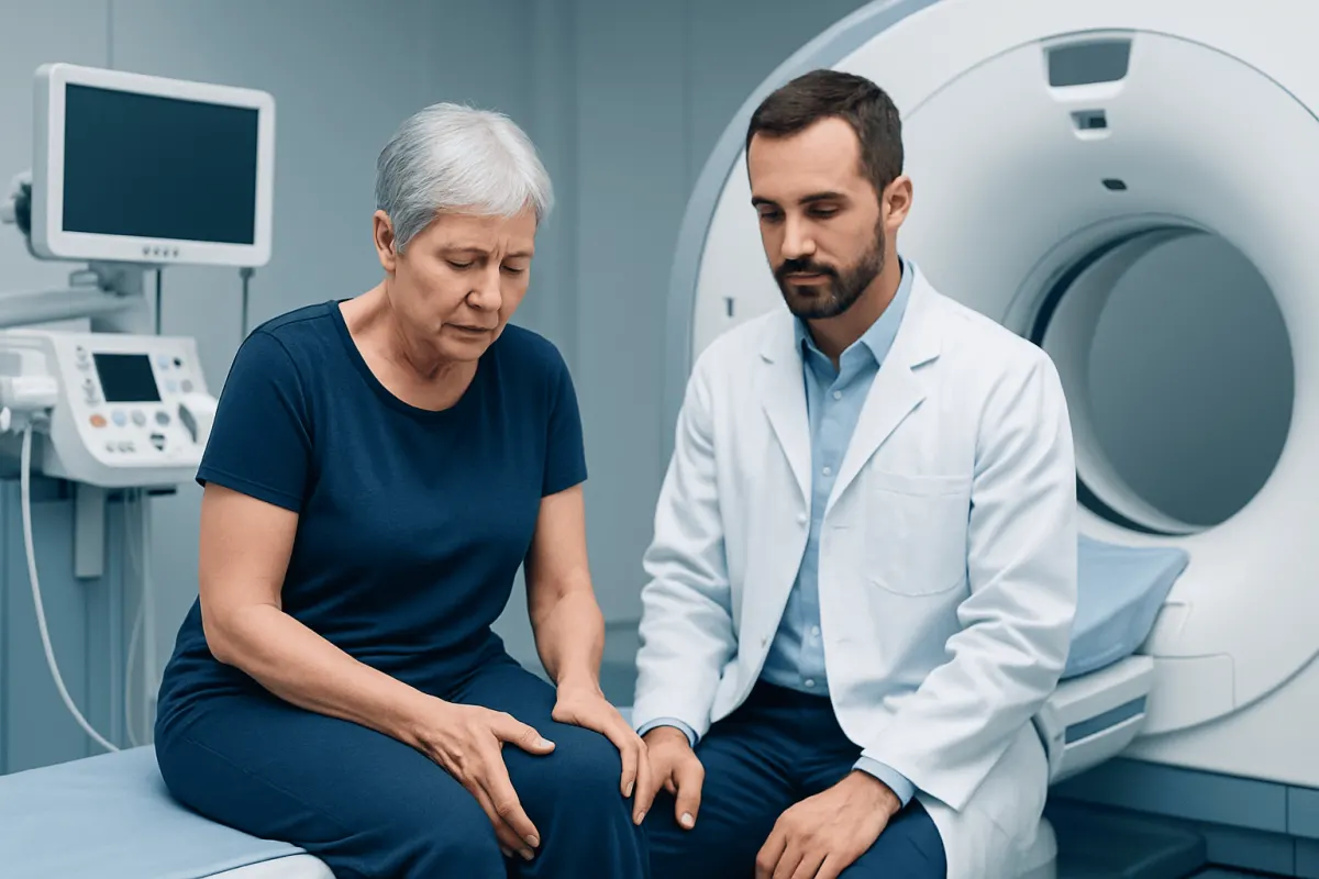 Doctor consulting with an elderly woman in a hospital setting.