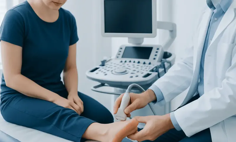 Doctor performing an ultrasound on a patient's foot in a medical clinic.