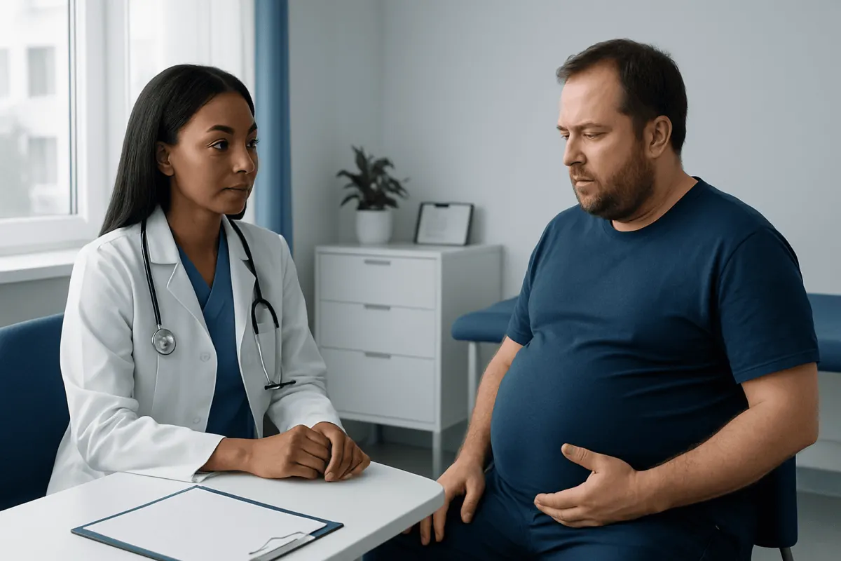 Doctor consulting with a male patient in a medical office.