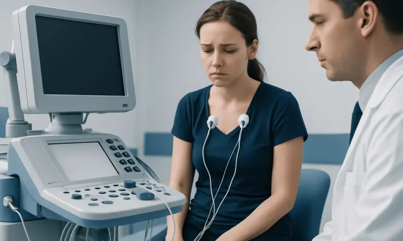 Young woman at medical examination with ultrasound device, feeling anxious.