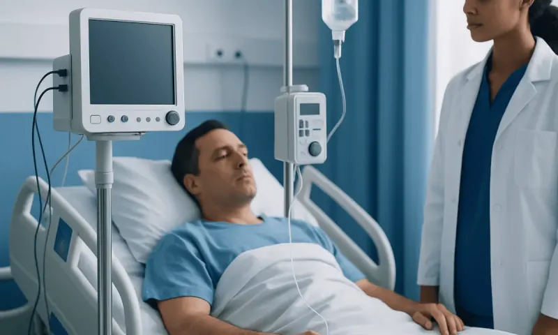 Patient in hospital bed with medical staff monitoring vital signs.