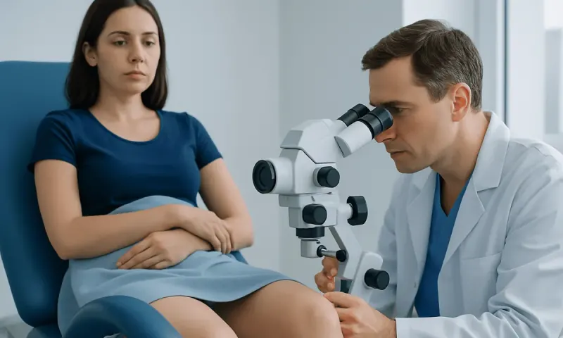 Doctor examining female patient with microscope in clinic setting.