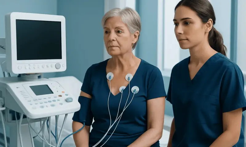 Elderly woman undergoing a medical ECG test at a hospital.