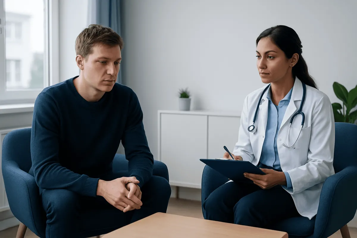Psychologist consulting with a patient in a therapy session.