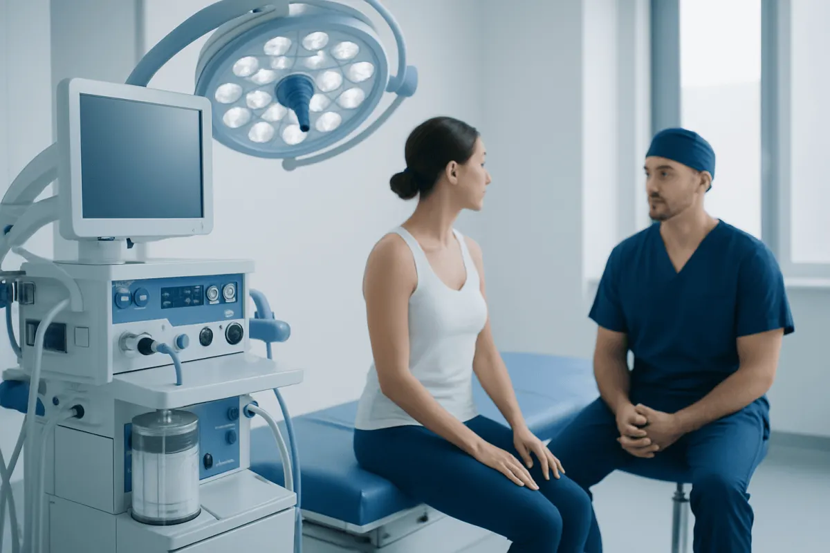 Patient consulting with doctor in a modern hospital room.