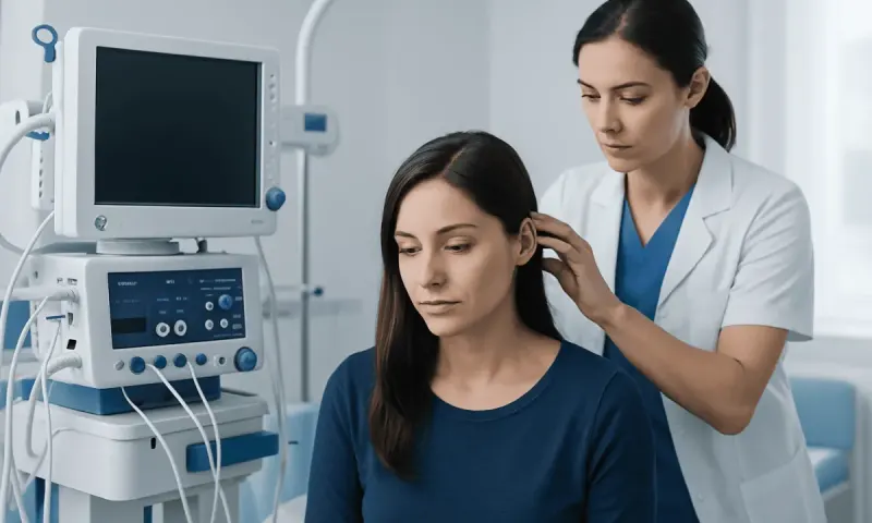 Doctor examining patient's scalp in a medical clinic setting.