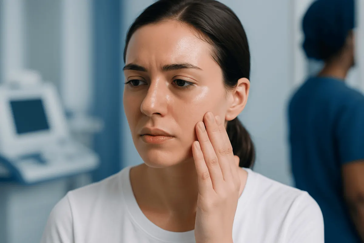 Woman with oily skin experiencing discomfort at a dermatology clinic.
