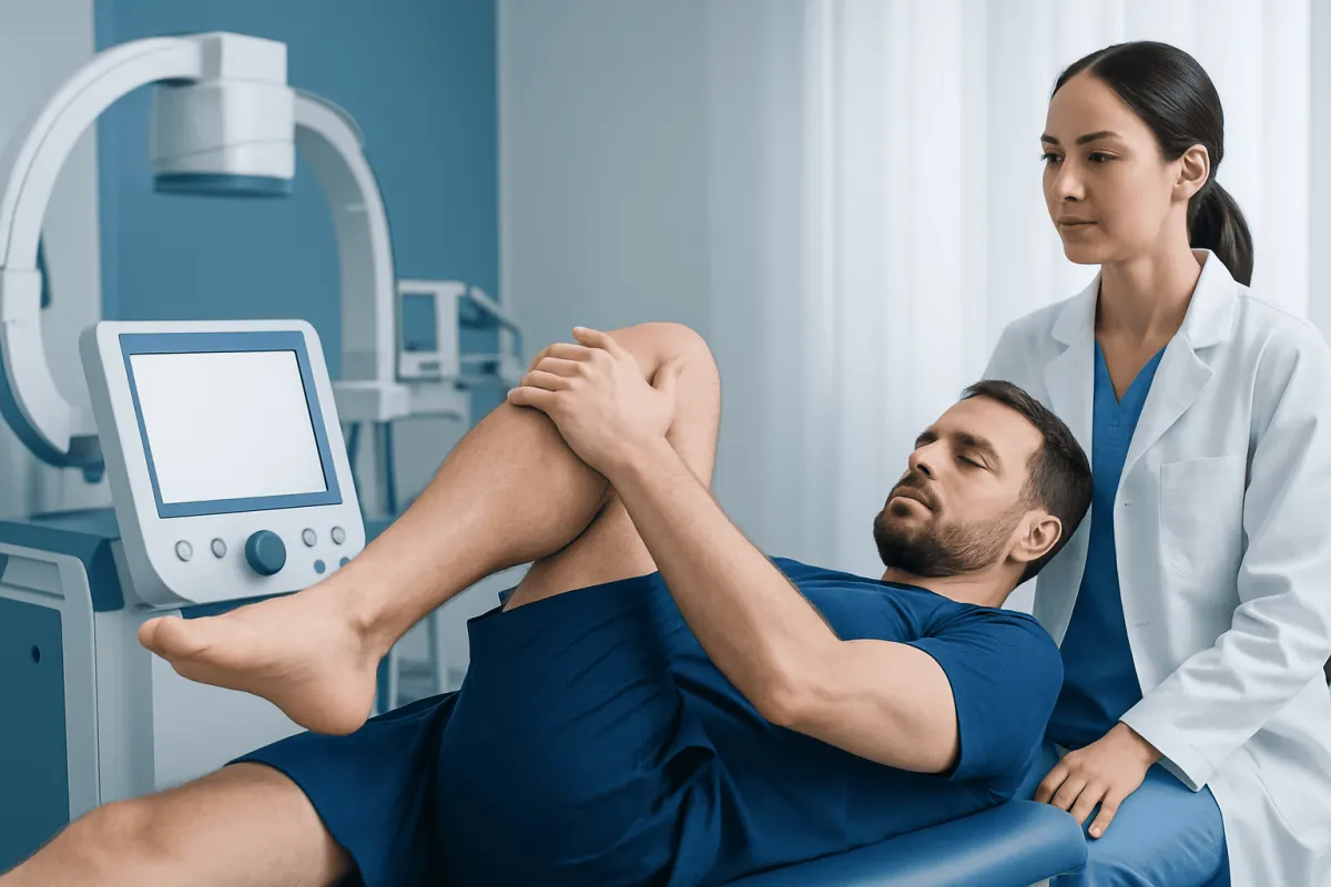 Medical professional examining patient's leg during physiotherapy session.