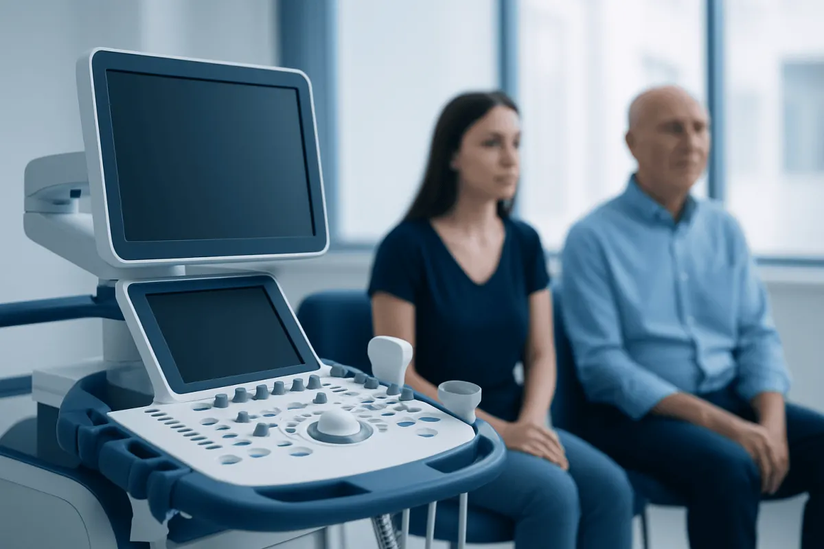 Medical ultrasound machine with patients in a hospital setting.