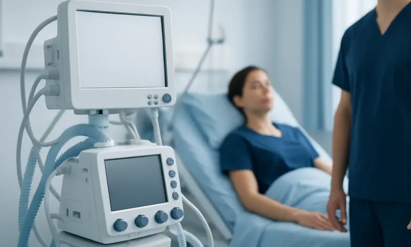 Medical ventilator machine in hospital room with patient and healthcare professional.