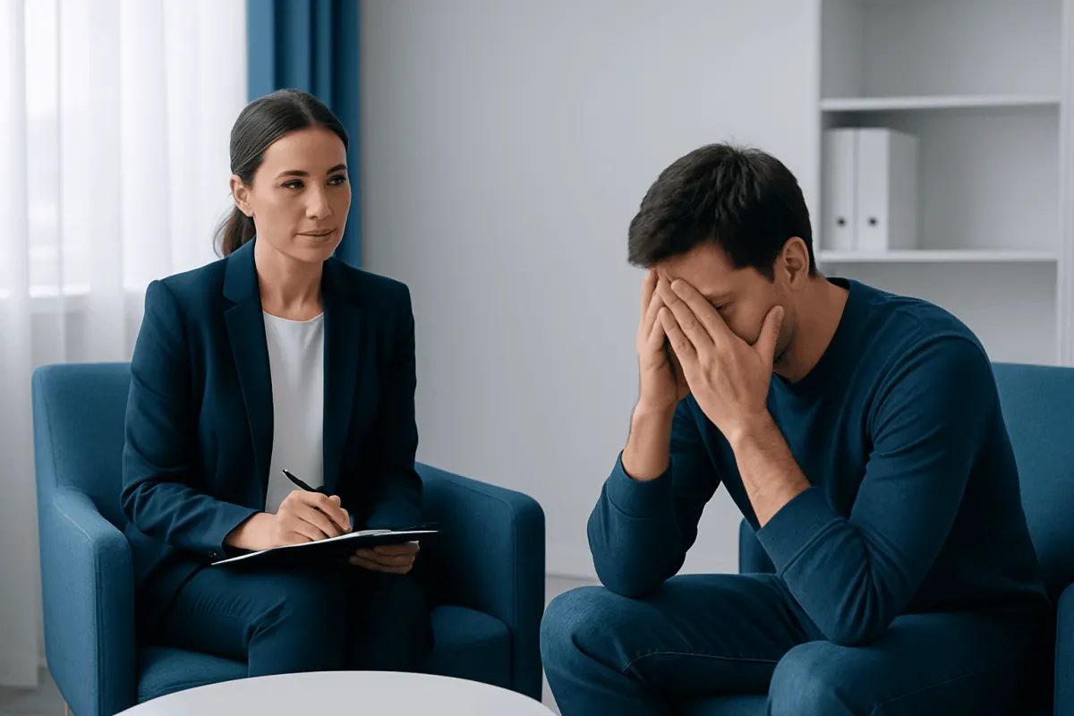 Therapist listening to a distressed man during a mental health session.