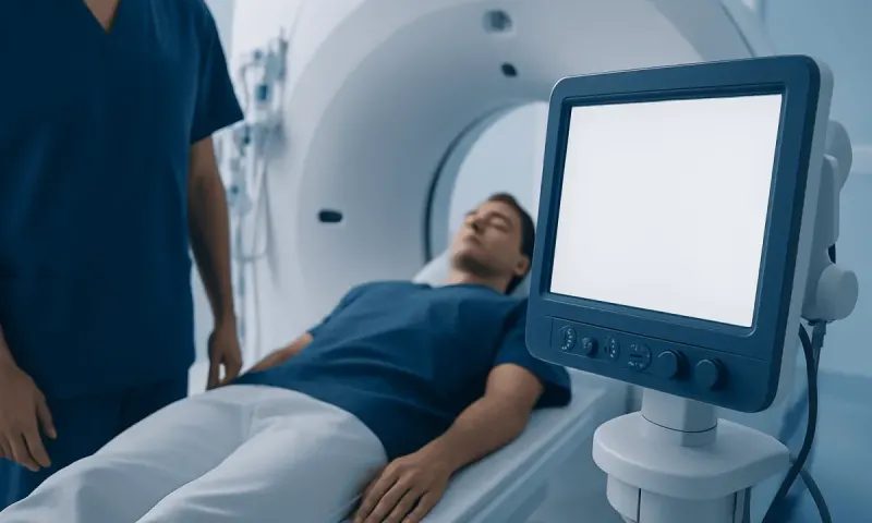 Patient undergoing MRI scan in a hospital setting.