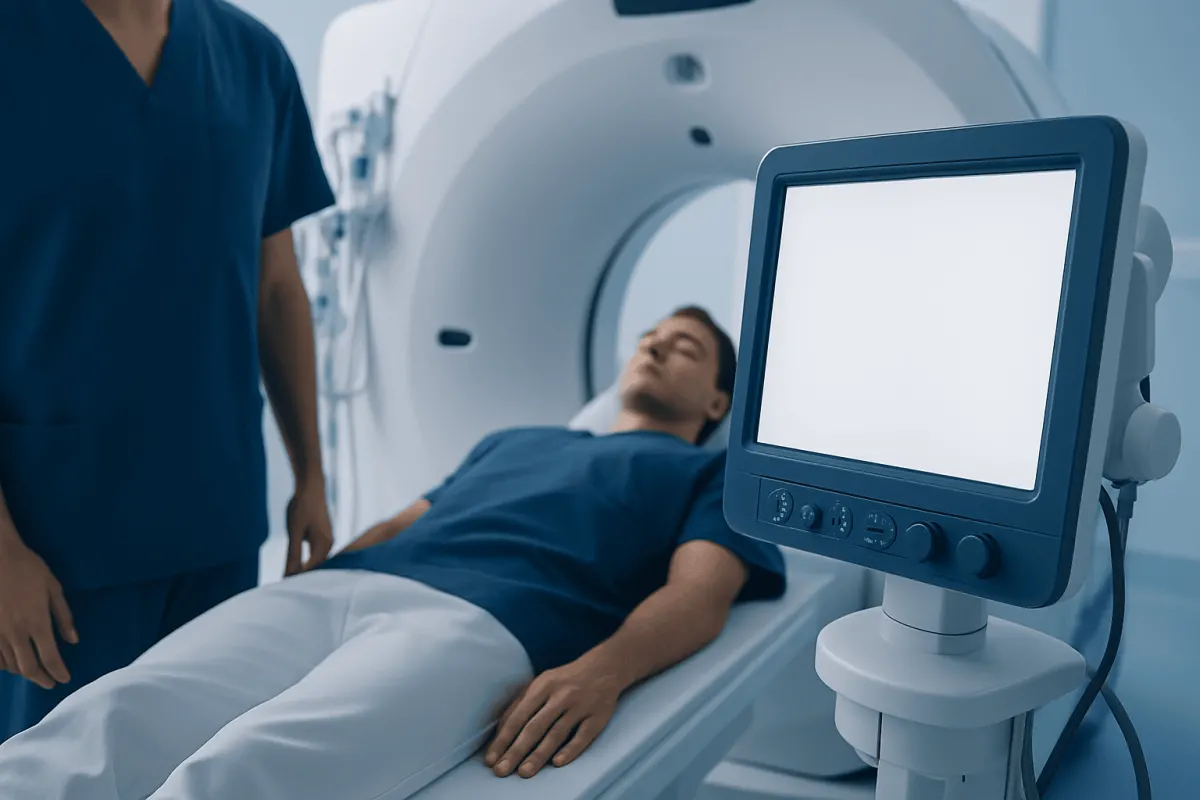 Patient undergoing MRI scan in a hospital setting.