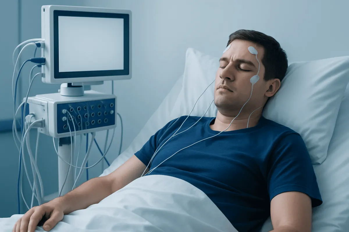 Patient undergoing sleep study with monitoring equipment in hospital bed.