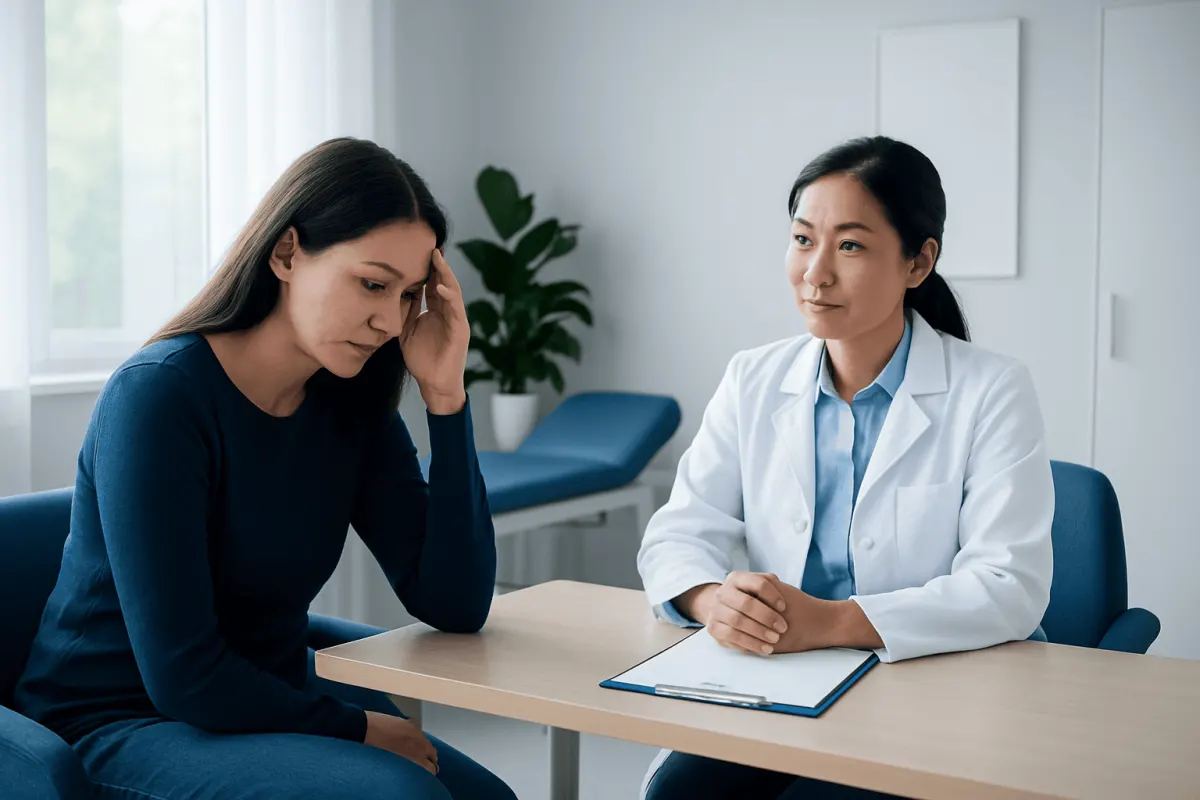 Patient consulting with doctor about health concerns at clinic.