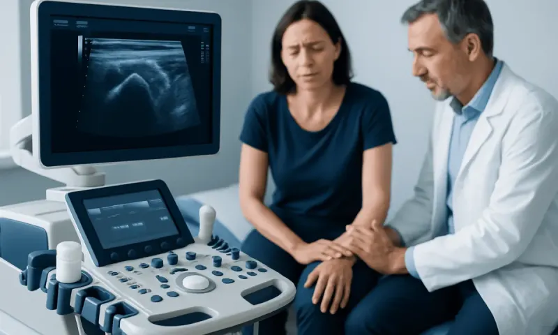 Doctor explaining ultrasound results to a patient in a medical clinic.