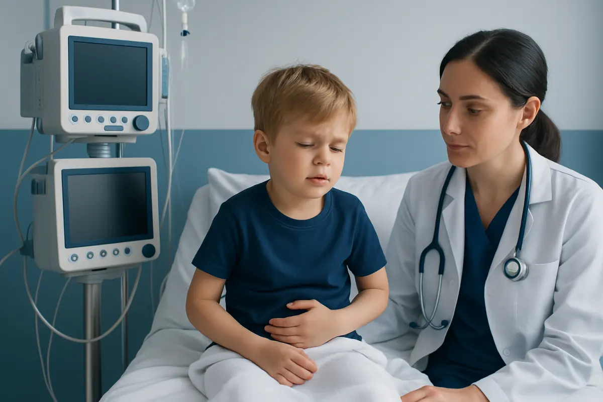 Pediatrician examining a child with stomach pain in hospital.
