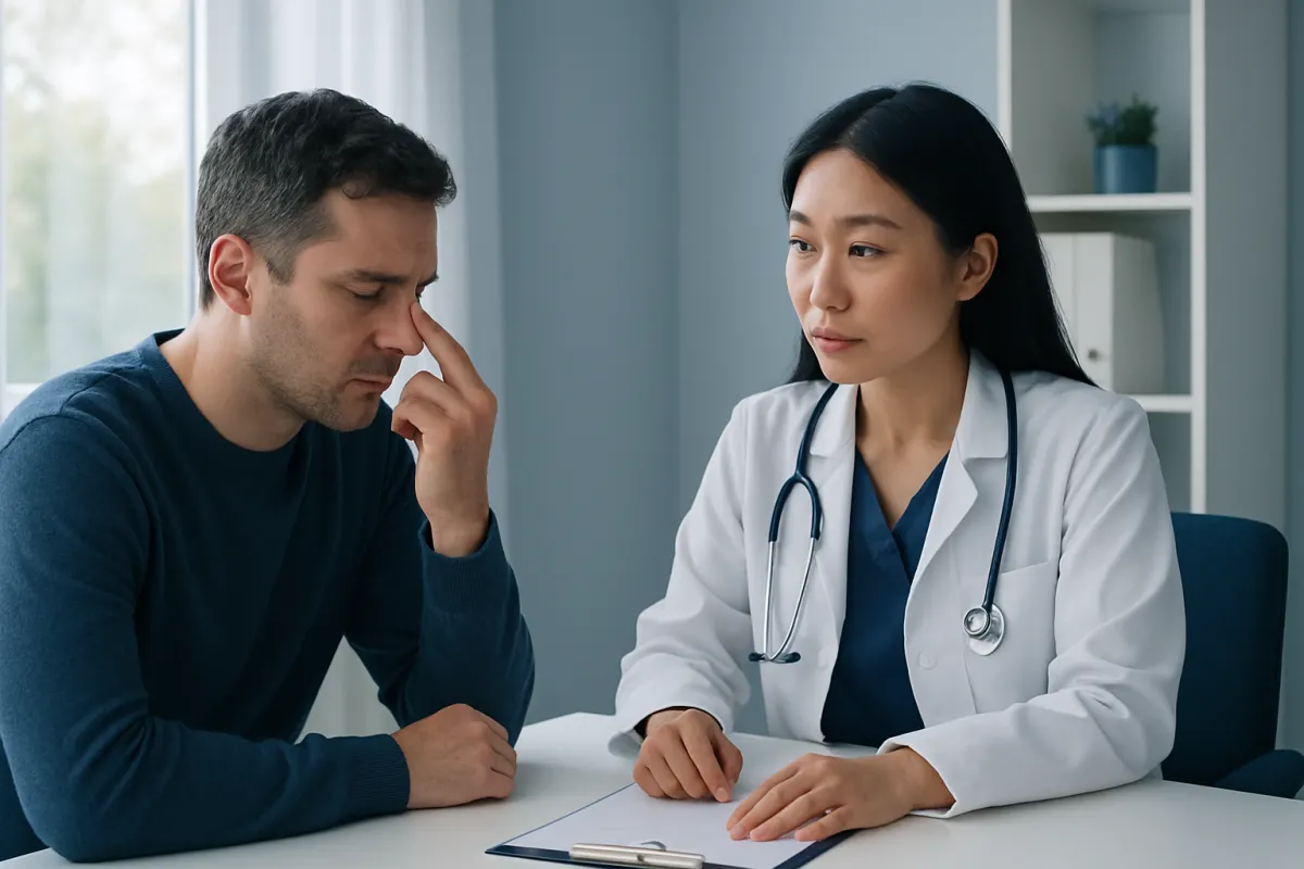 Doctor consulting with patient about nose health and treatment options.