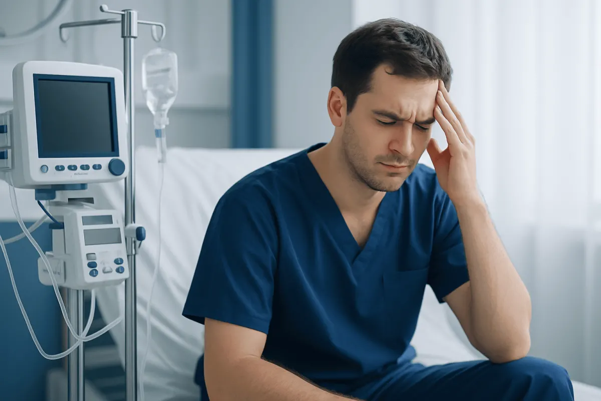Young man in hospital bed experiencing headache or discomfort.