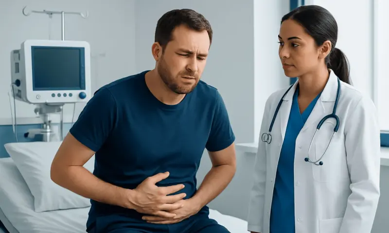 Patient experiencing stomach pain during medical consultation at Acibadem Hospital.