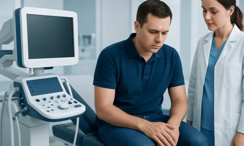 Doctor examining patient with ultrasound machine in clinic.