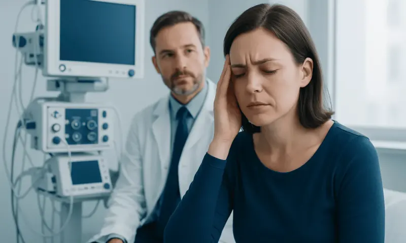 Woman experiencing headache in a medical consultation room.