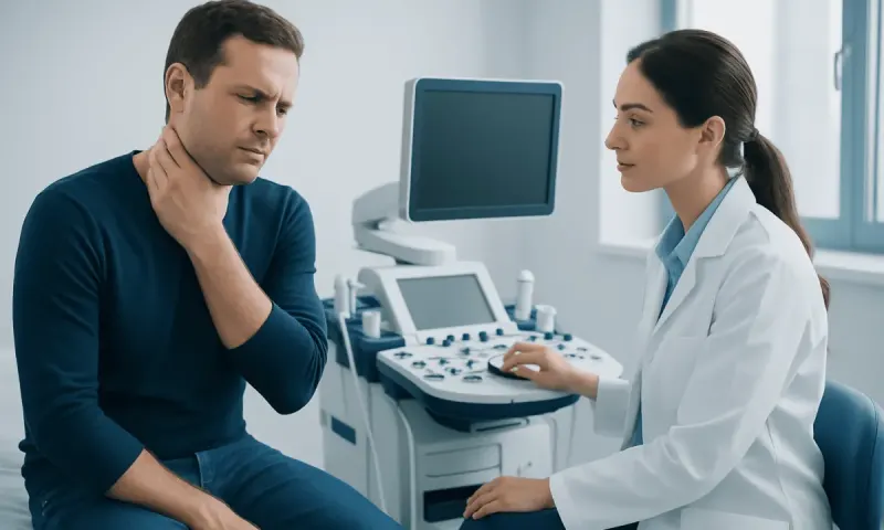 Doctor examines patient with neck pain in a clinical setting.