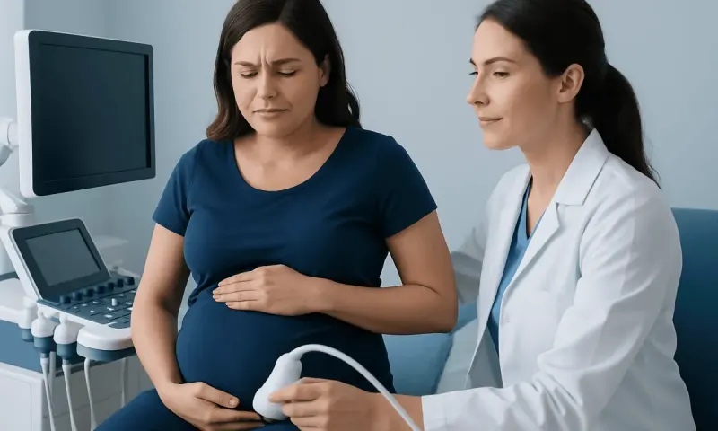 Pregnant woman experiencing stomach pain during a medical ultrasound consultation.