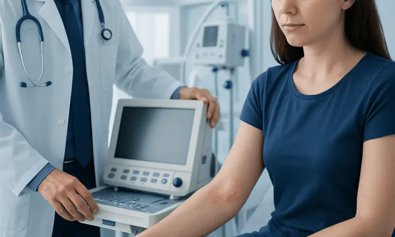 Doctor examining patient's arm in a medical clinic setting.