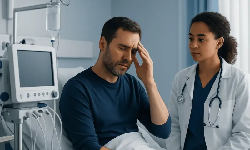 Patient experiencing headache in hospital bed with doctor nearby.