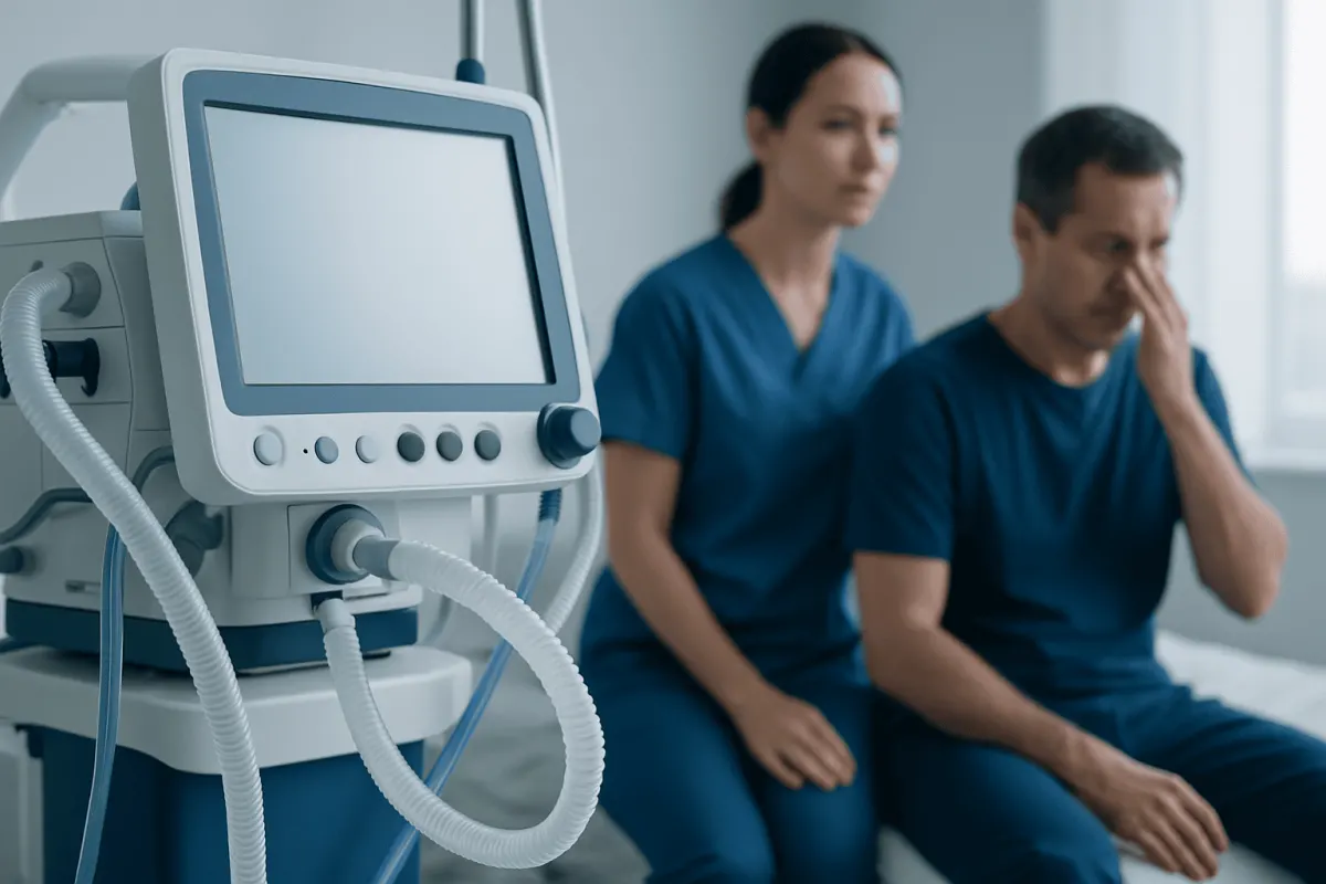 Hospital patients and medical ventilator in a clinical setting.