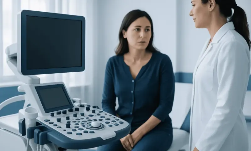 Doctor consulting with a woman patient in a medical examination room.