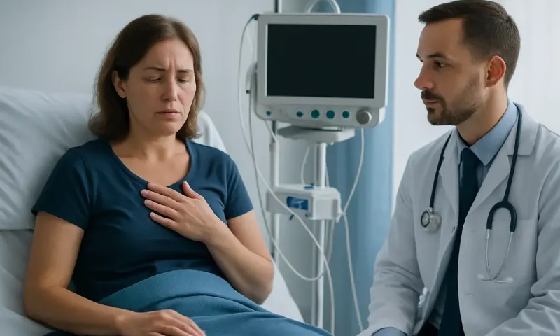 Patient experiencing symptoms of altitude sickness in hospital bed with doctor nearby.