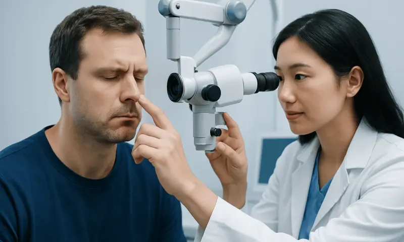 ENT specialist examining patient's nose with a microscope at Acibadem Hospital.