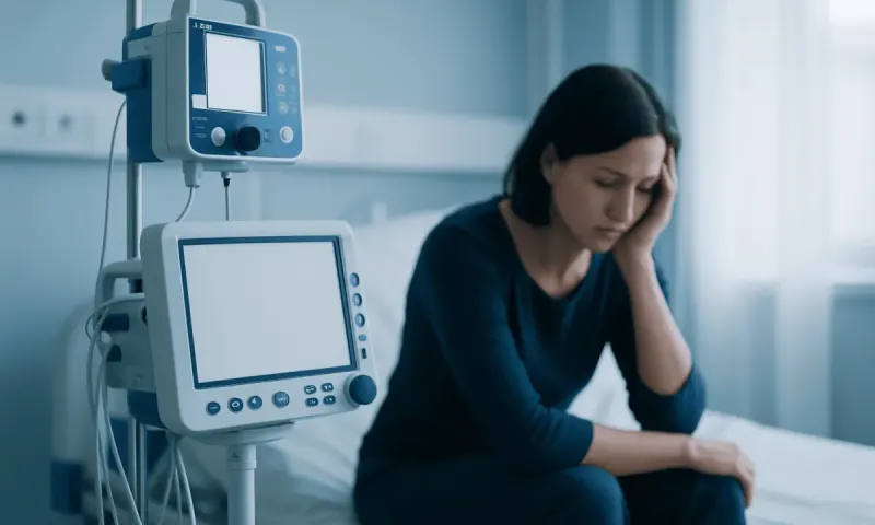Young woman in hospital feeling distressed during a medical episode.