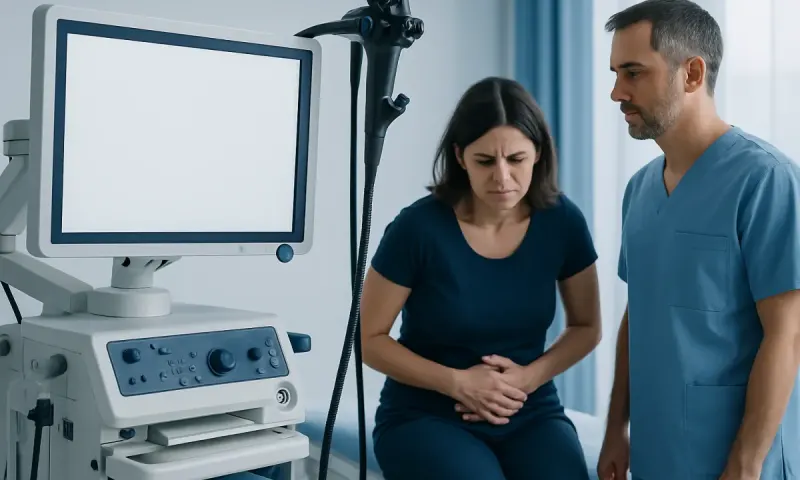 Doctor and patient discussing symptoms in a medical examination room.