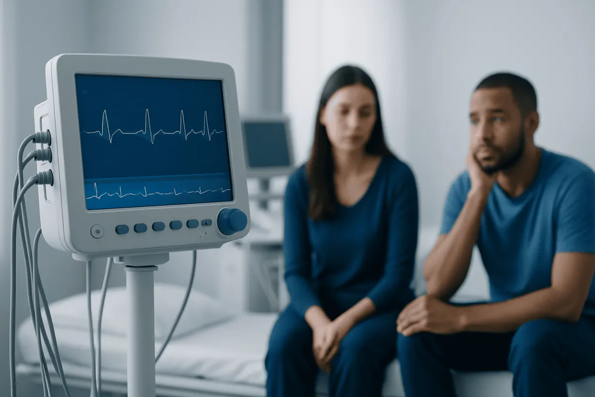 Patient and doctor discussing heart monitor readings in a hospital room.