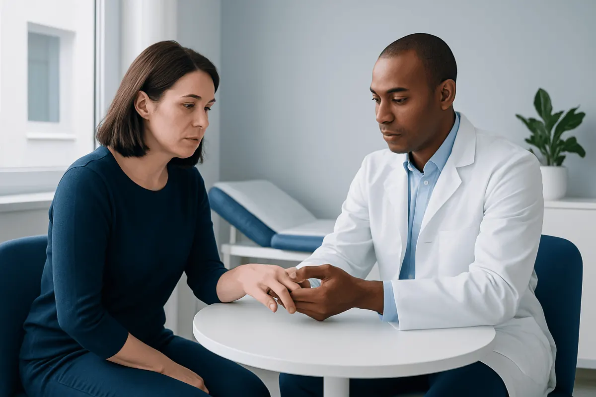 Doctor examining patient's finger in a consultation room.