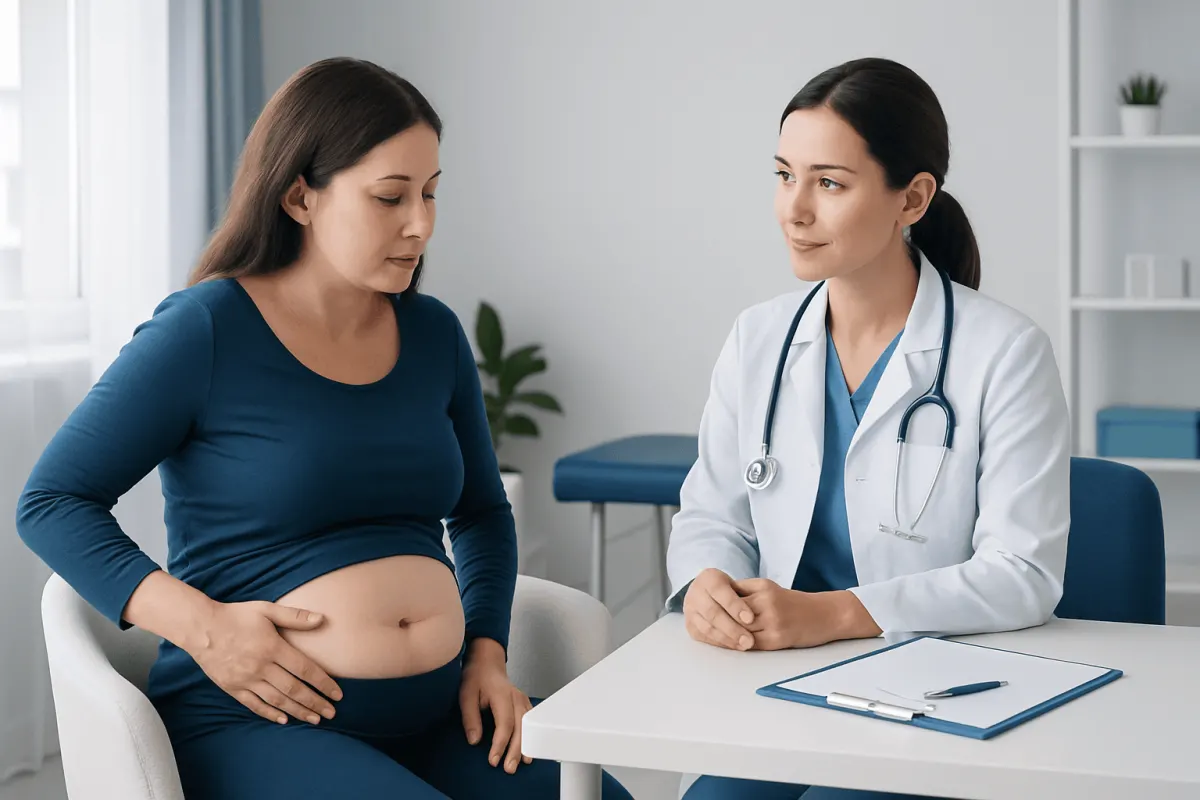 Pregnant woman consulting with a doctor in a medical office.