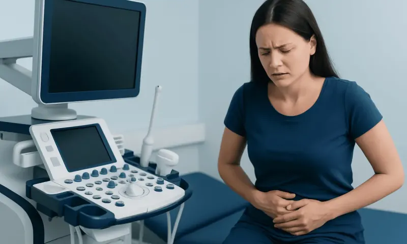 Woman experiencing pelvic pain during medical examination at hospital.