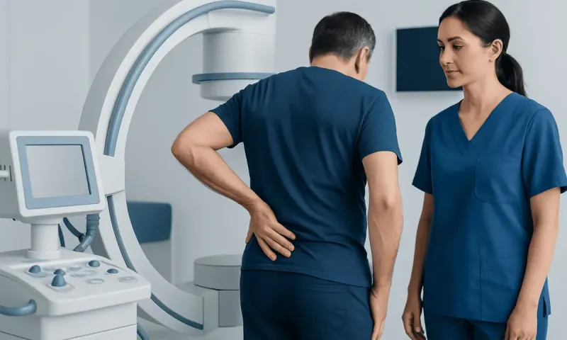 Medical professionals discussing lower back pain diagnosis with imaging equipment.