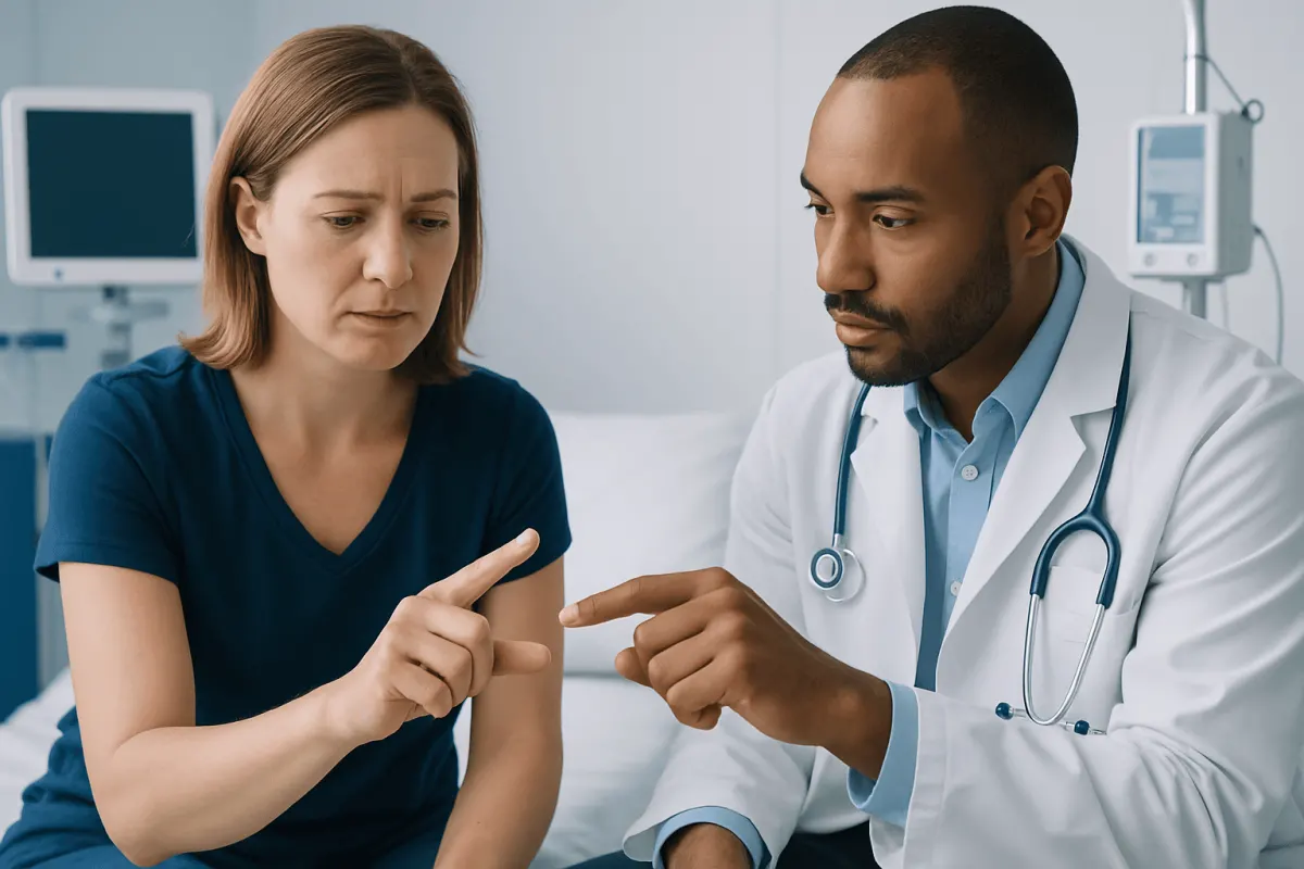 Doctor explaining finger pain to a female patient in a hospital setting.