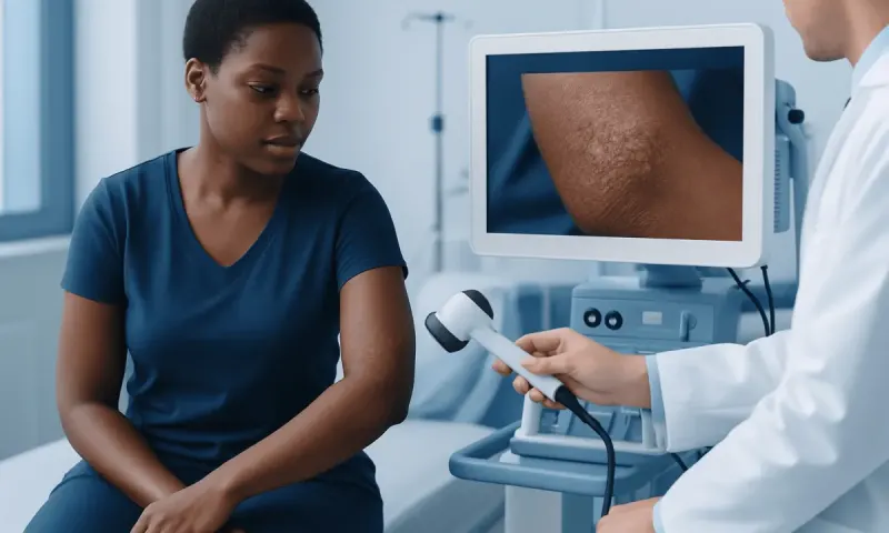 Doctor examining skin condition on monitor for dermatitis diagnosis.