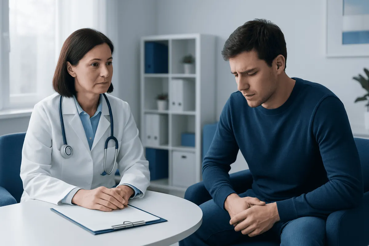 Doctor consulting with a young male patient in a medical office.